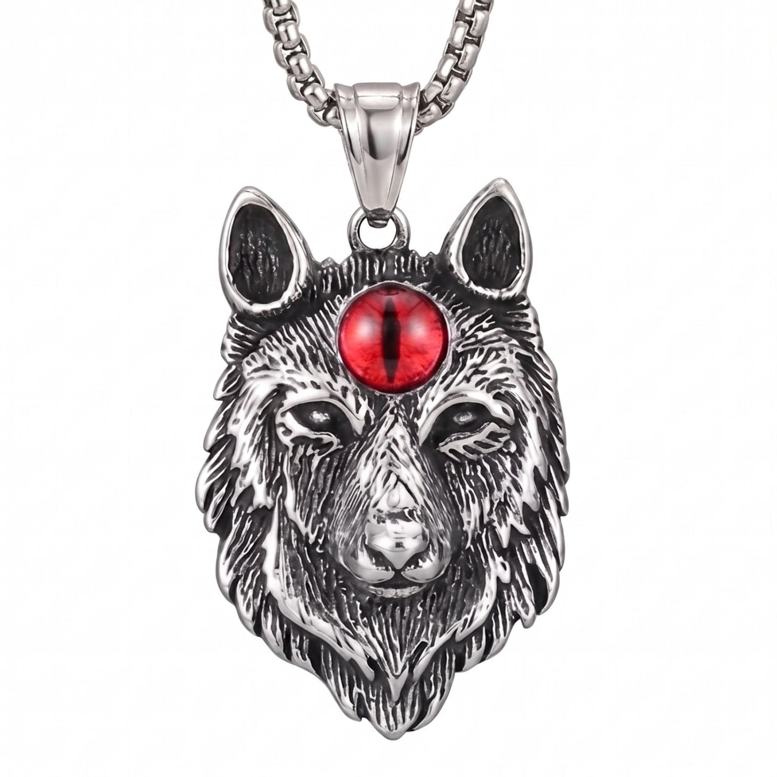 Collier tête de loup pour homme, en acier inoxydable, avec oeil coloré