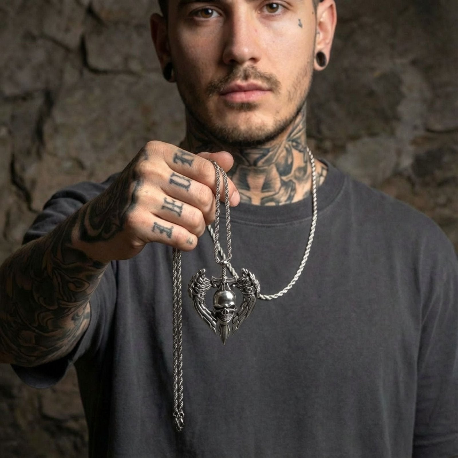 Collier tête de mort gothique pour homme, avec pendentif crâne ailé et épée, en acier inoxydable