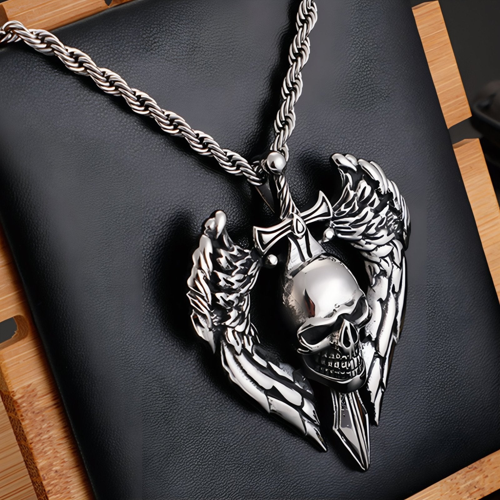 Collier tête de mort gothique pour homme, avec pendentif crâne ailé et épée, en acier inoxydable
