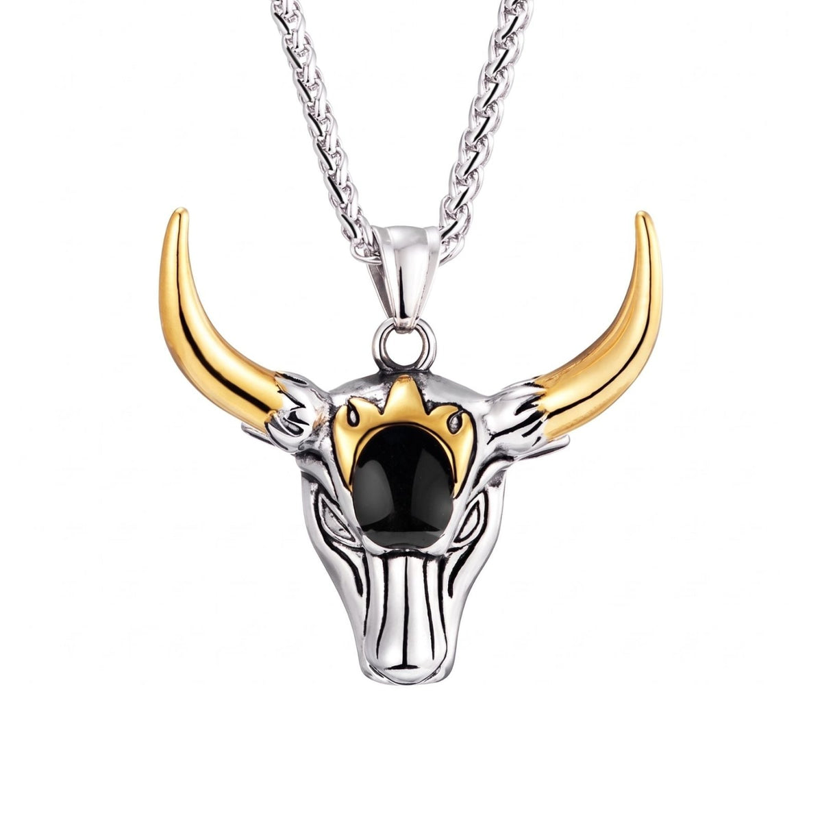 Collier tête de taureau pour homme, en acier inoxydable, pendentif cornes avec pierre noire centrale