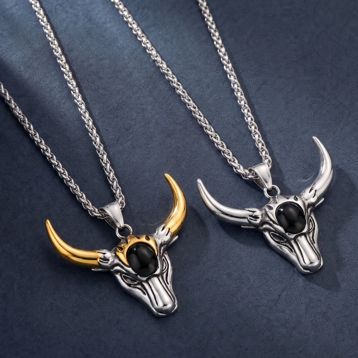 Collier tête de taureau pour homme, en acier inoxydable, pendentif cornes avec pierre noire centrale