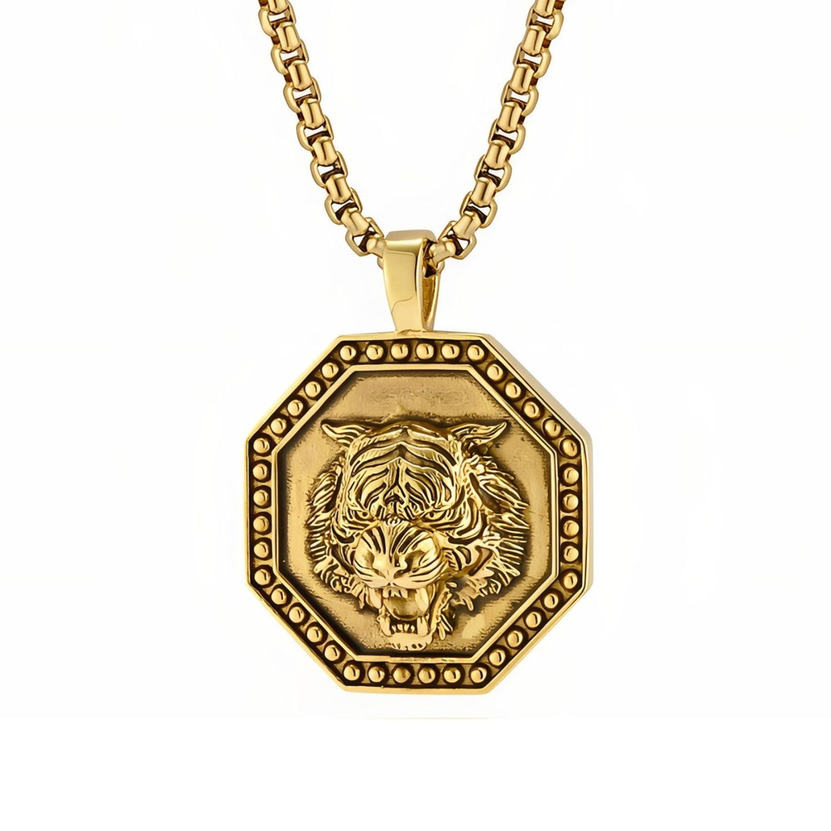 Collier tête de tigre pour homme, en acier inoxydable, pendentif octogonal aux détails sculptés en relief