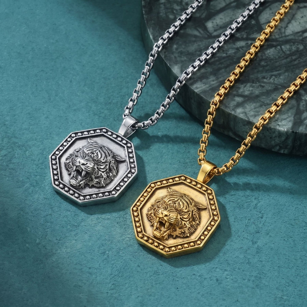Collier tête de tigre pour homme, en acier inoxydable, pendentif octogonal aux détails sculptés en relief