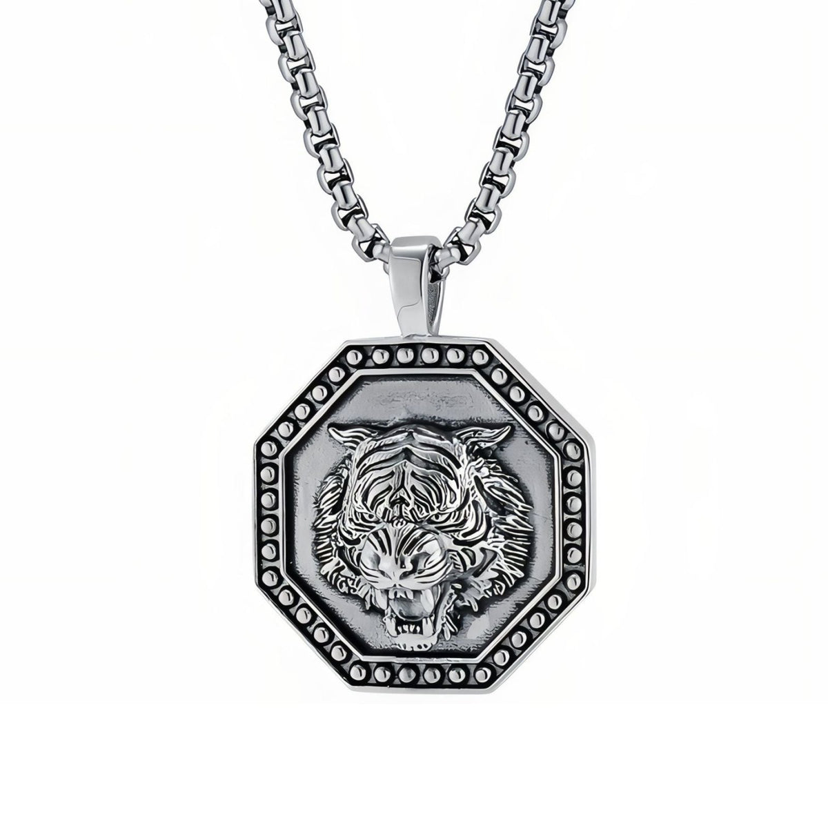 Collier tête de tigre pour homme, en acier inoxydable, pendentif octogonal aux détails sculptés en relief