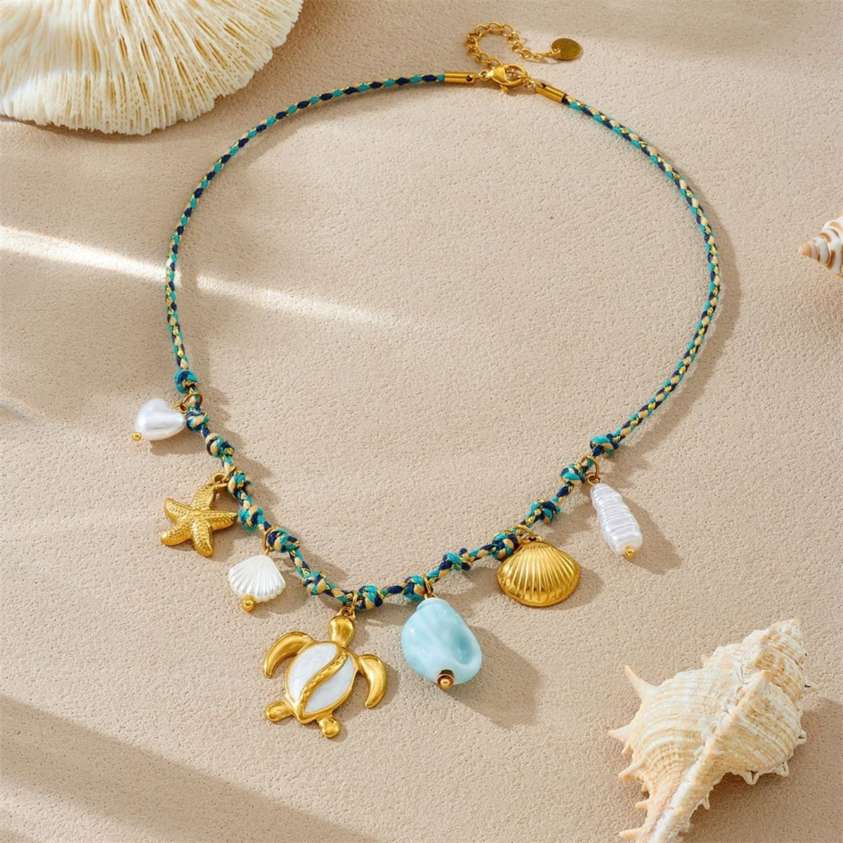 Collier tortue marine pour femme, en acier inoxydable doré, cordon multicolore avec charms étoile de mer et coquillages