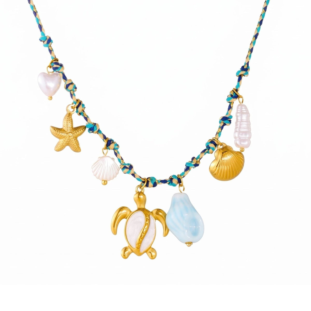 Collier tortue marine pour femme, en acier inoxydable doré, cordon multicolore avec charms étoile de mer et coquillages