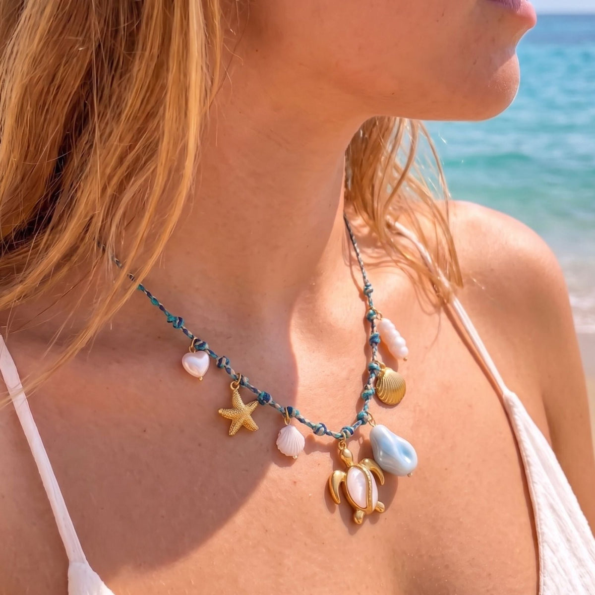 Collier tortue marine pour femme, en acier inoxydable doré, cordon multicolore avec charms étoile de mer et coquillages
