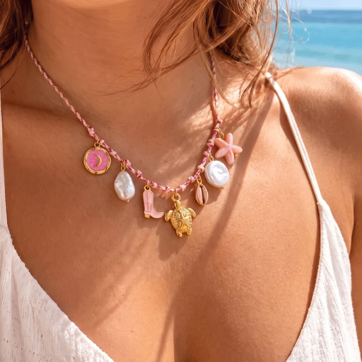 Collier tortue marine pour femme, en acier inoxydable doré, cordon rose avec charms coquillage et perles