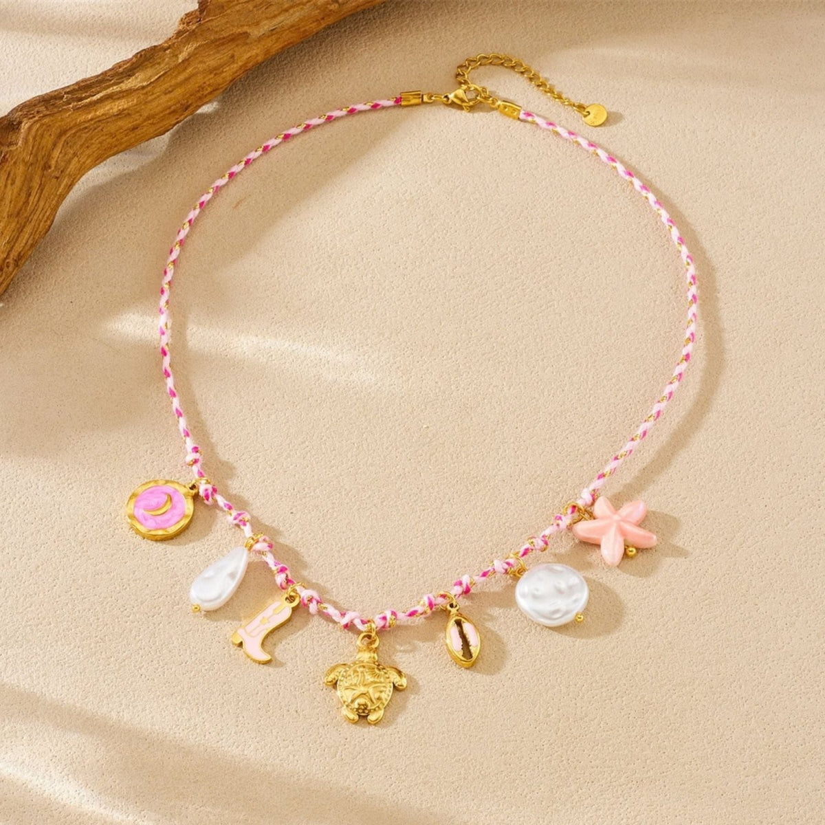 Collier tortue marine pour femme, en acier inoxydable doré, cordon rose avec charms coquillage et perles
