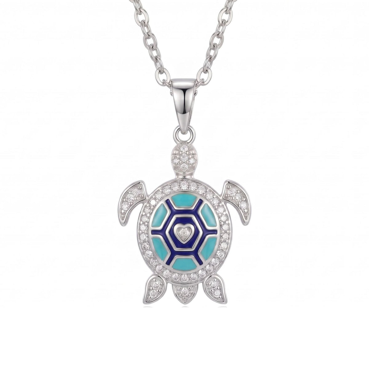 Collier tortue pour femme, en cuivre, pendentif turquoise et bleu serti de zircons scintillants