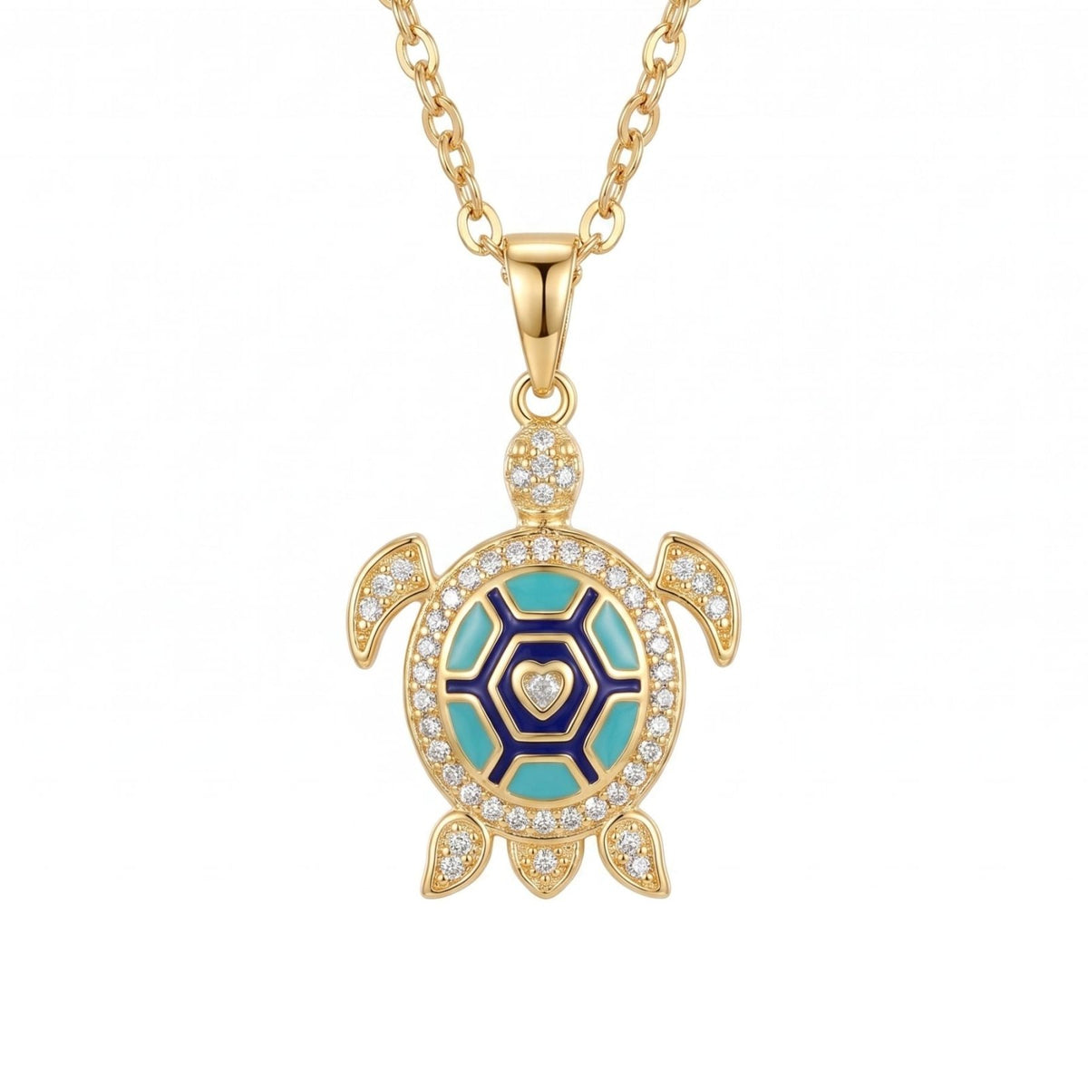 Collier tortue pour femme, en cuivre, pendentif turquoise et bleu serti de zircons scintillants