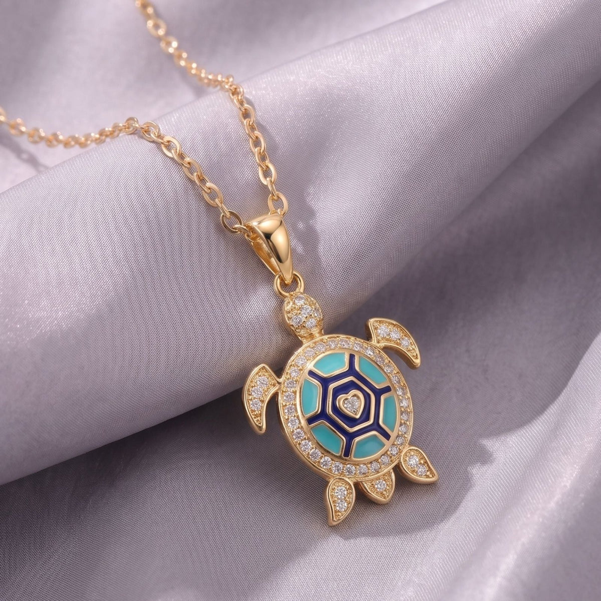 Collier tortue pour femme, en cuivre, pendentif turquoise et bleu serti de zircons scintillants