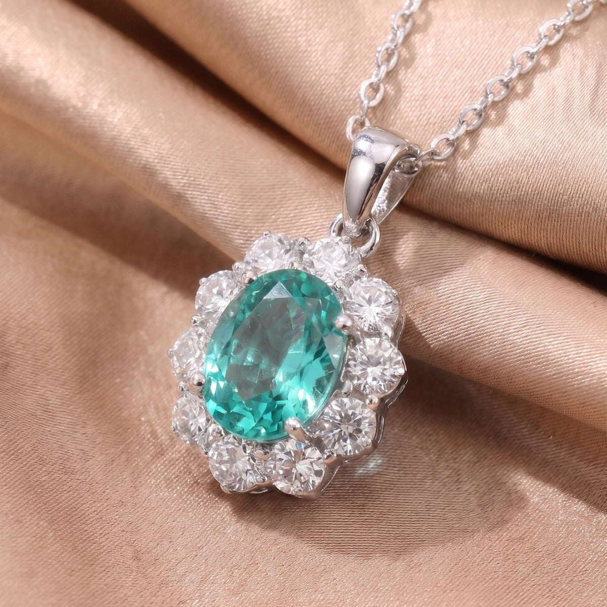 Collier tourmaline Paraiba pour femme en cuivre argenté, pendentif ovale bleu turquoise entouré de pierres blanches