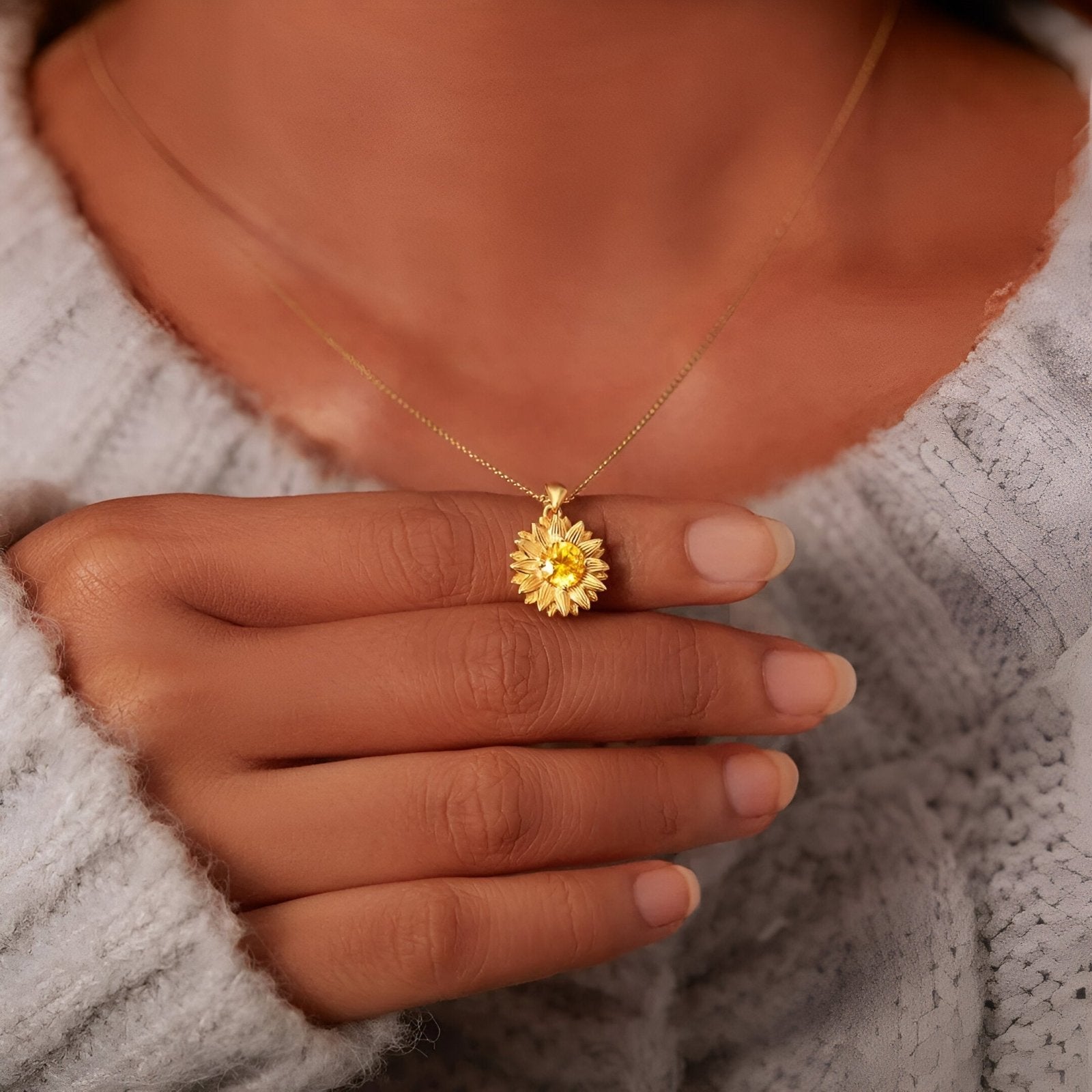 Collier tournesol doré en argent 925, maille forçat avec pierre jaune éclatante, modèle Lys
