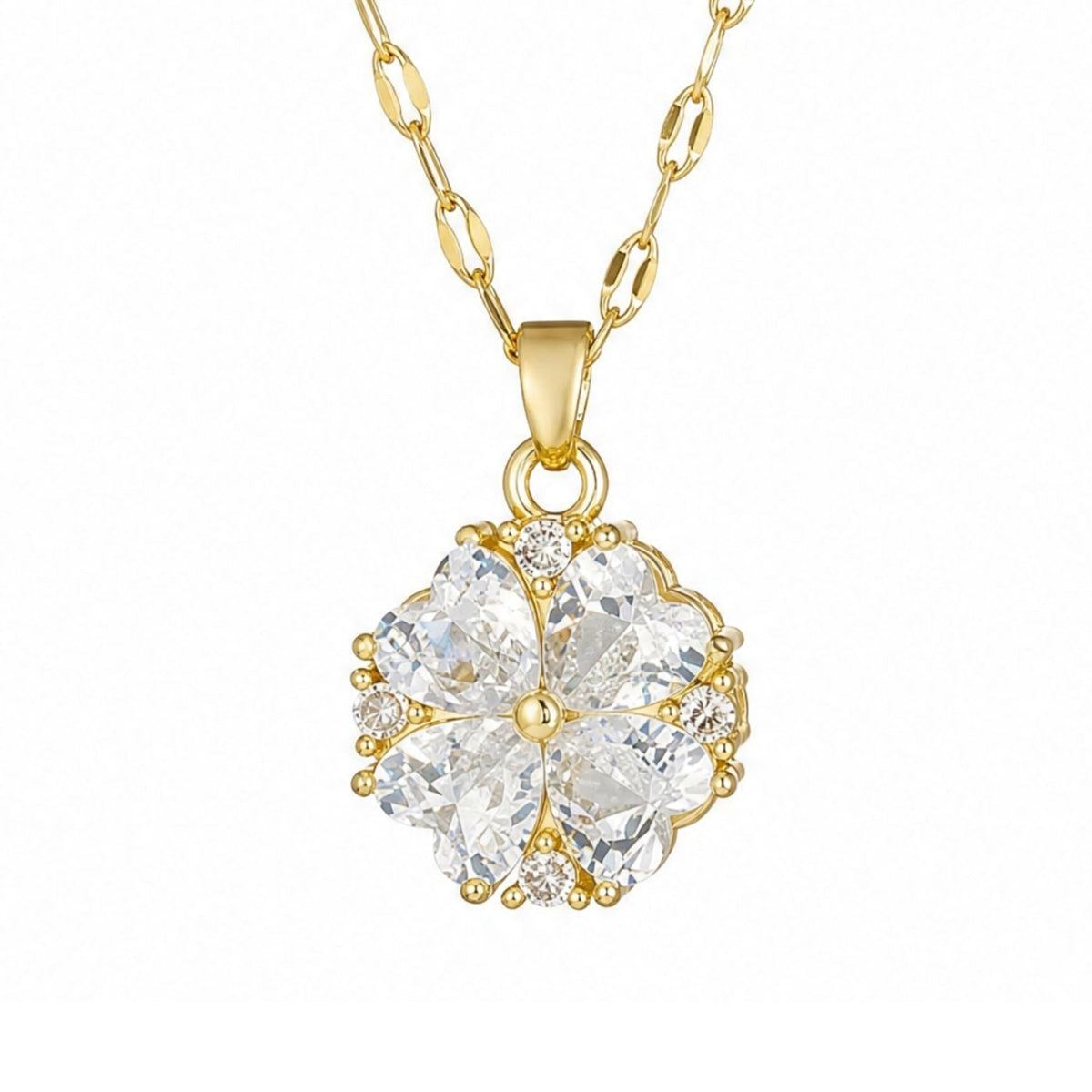 Collier trèfle à quatre feuilles pour femme, en acier titane doré, serti de pierres taille cœur