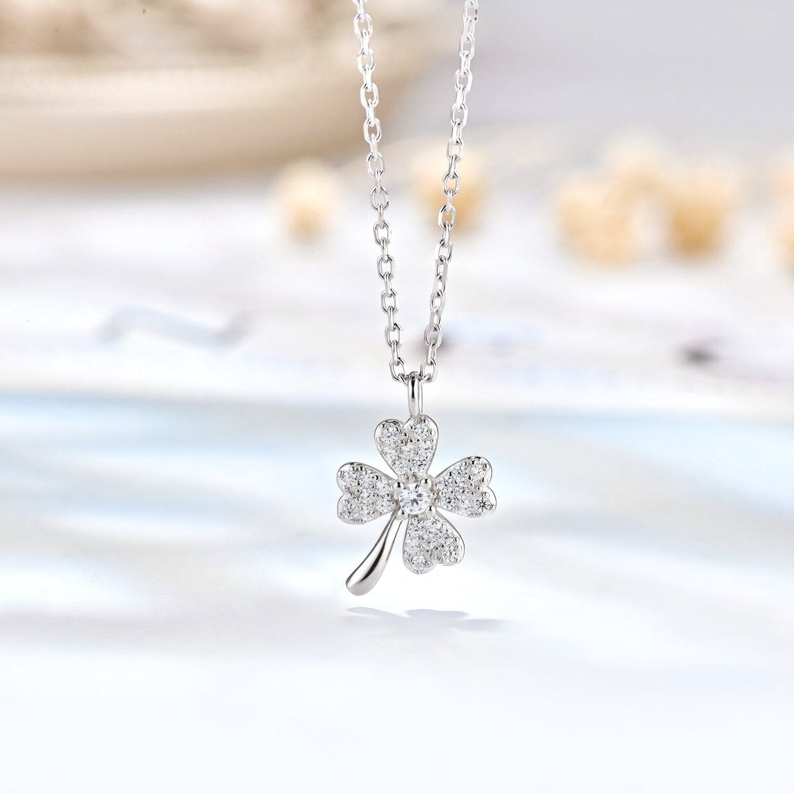 Collier trèfle porte - bonheur en argent 925, serti de zircons, or rose ou argenté, modèle Alaina