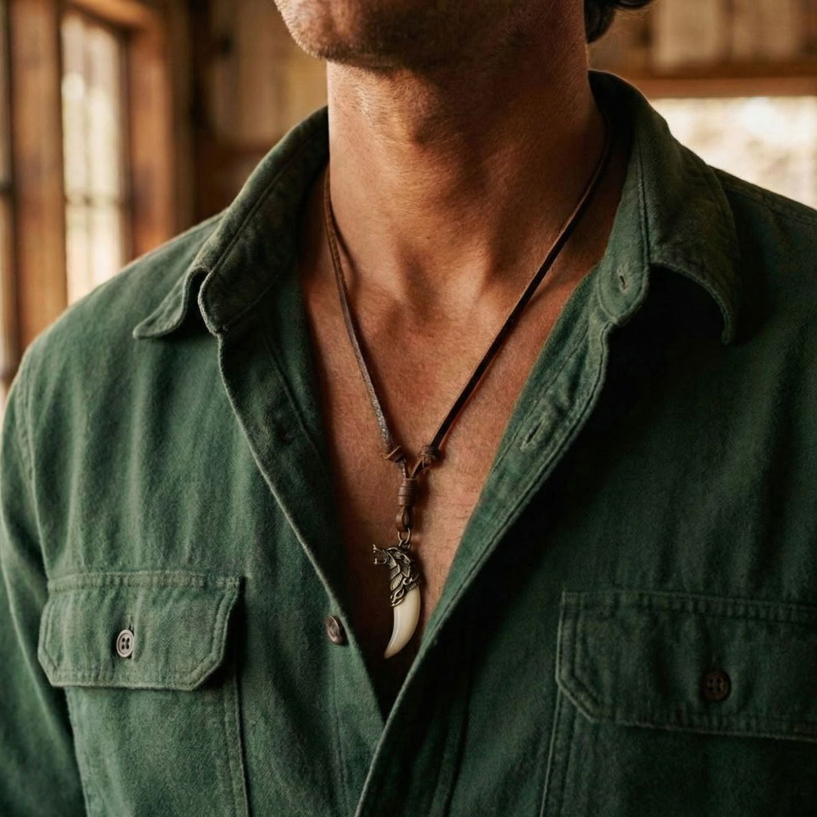 Collier tribal homme, pendentif croc et tête de loup, cordon en cuir noir ou marron