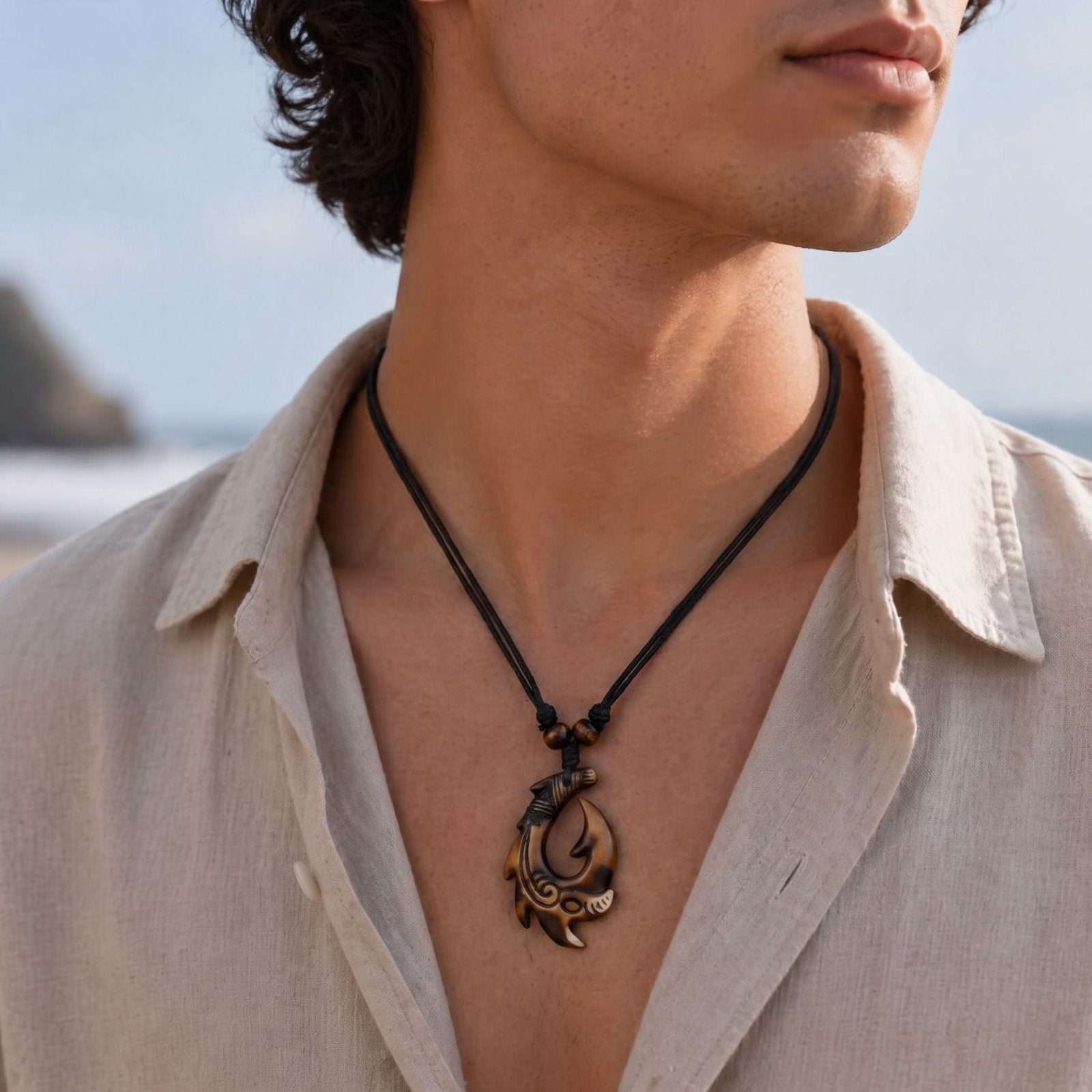 Collier tribal homme, pendentif crochet maori en résine sculptée, cordon ajustable