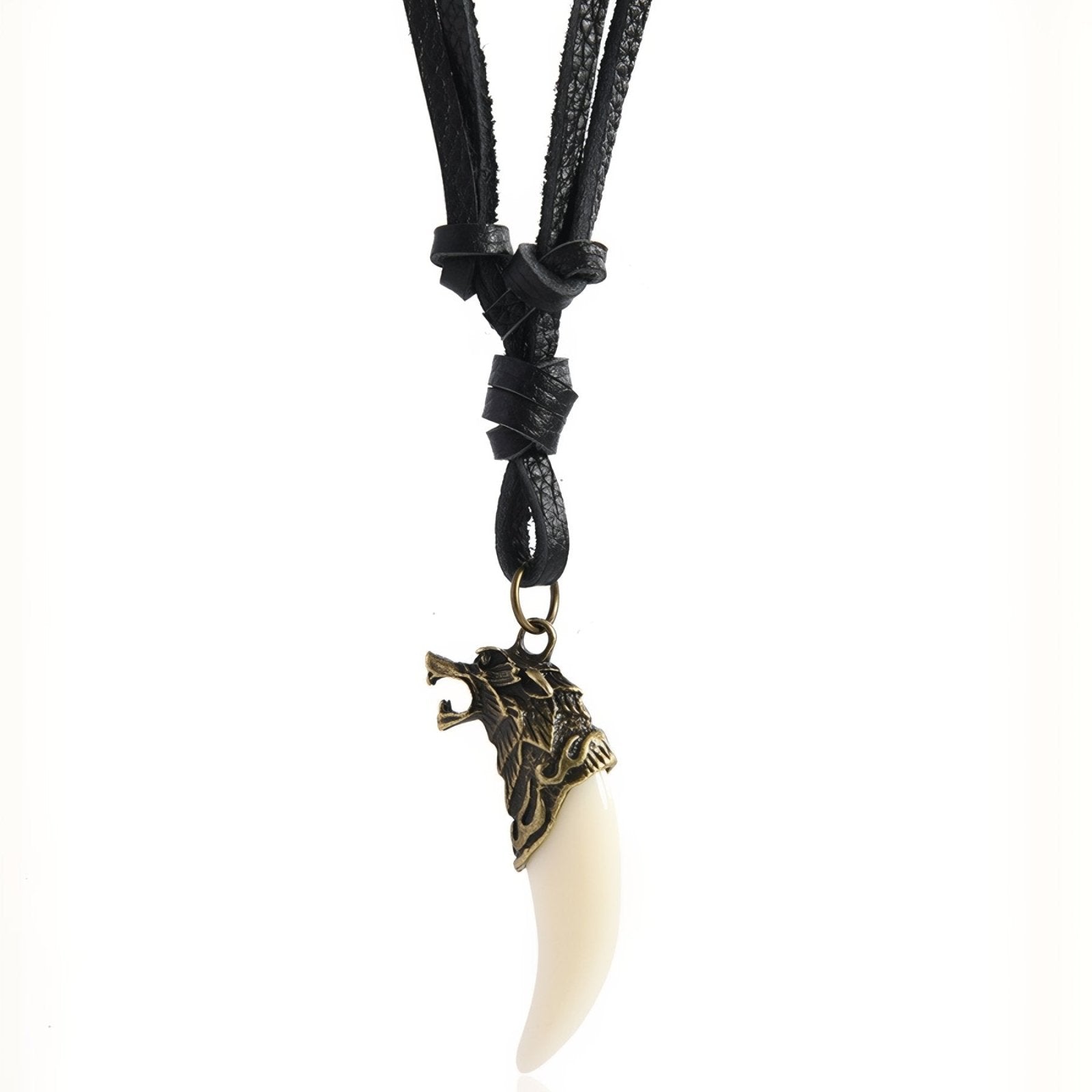 Collier tribal unisexe, pendentif croc et tête de loup, cordon en cuir noir ou marron