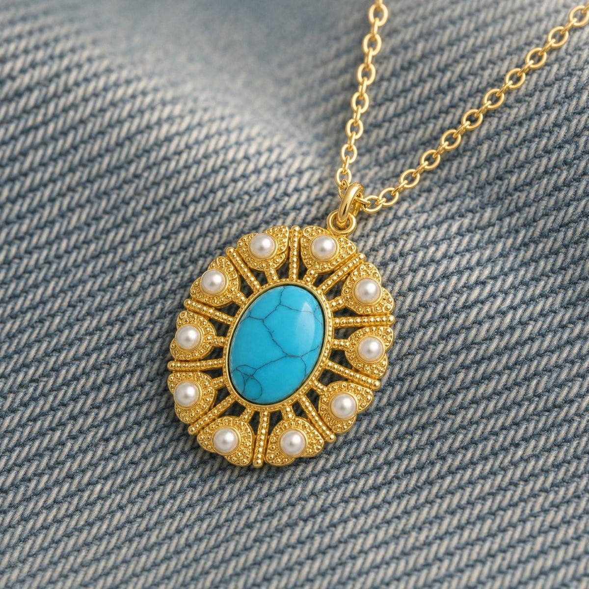 Collier turquoise pour femme, en acier inoxydable doré, médaillon ovale orné de perles blanches
