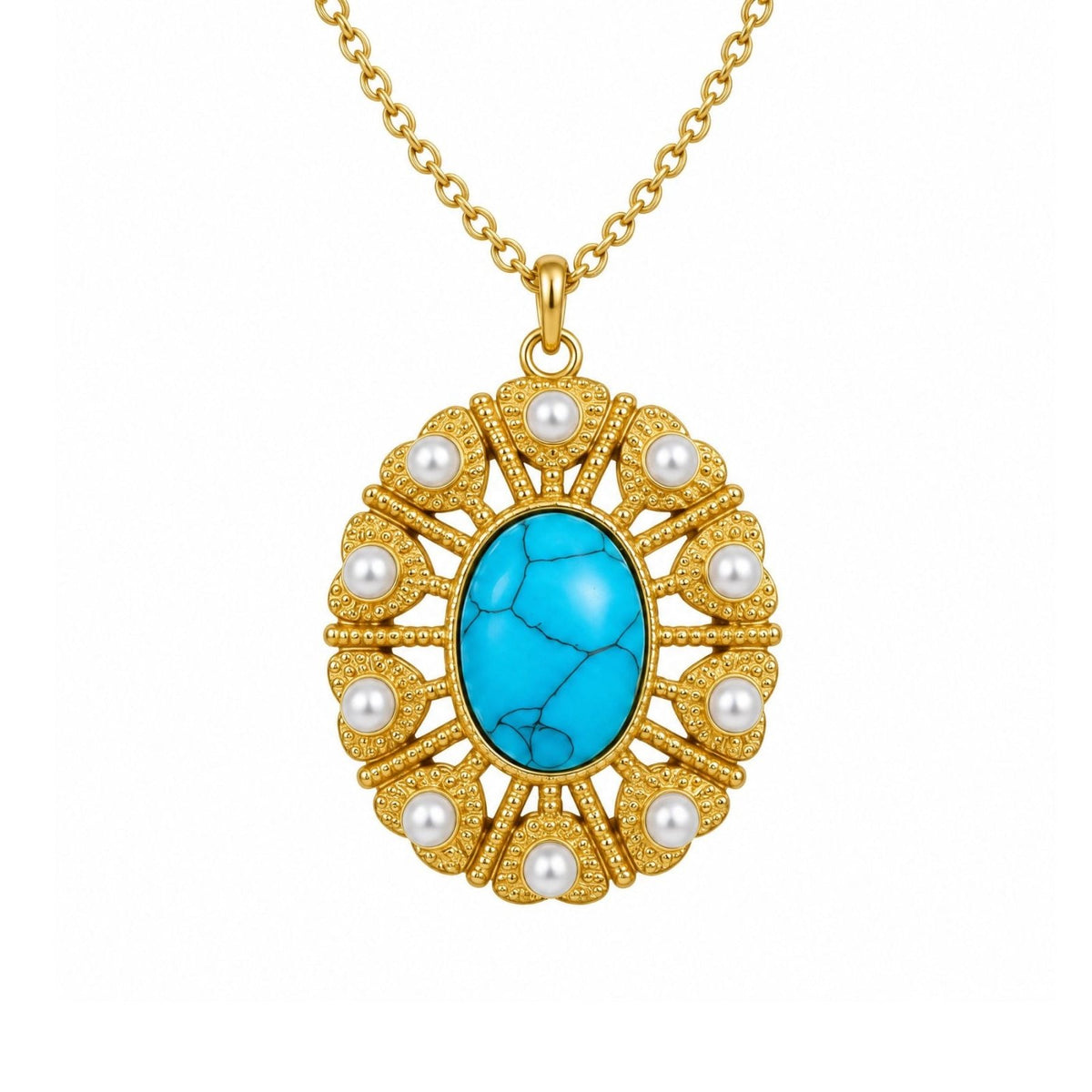 Collier turquoise pour femme, en acier inoxydable doré, médaillon ovale orné de perles blanches