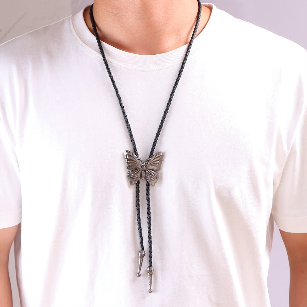 Collier unisexe bolo tie papillon, cuir noir tressé, style cowboy vintage