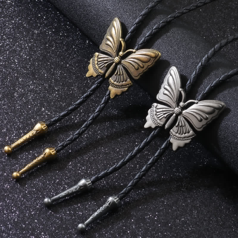 Collier unisexe bolo tie papillon, cuir noir tressé, style cowboy vintage