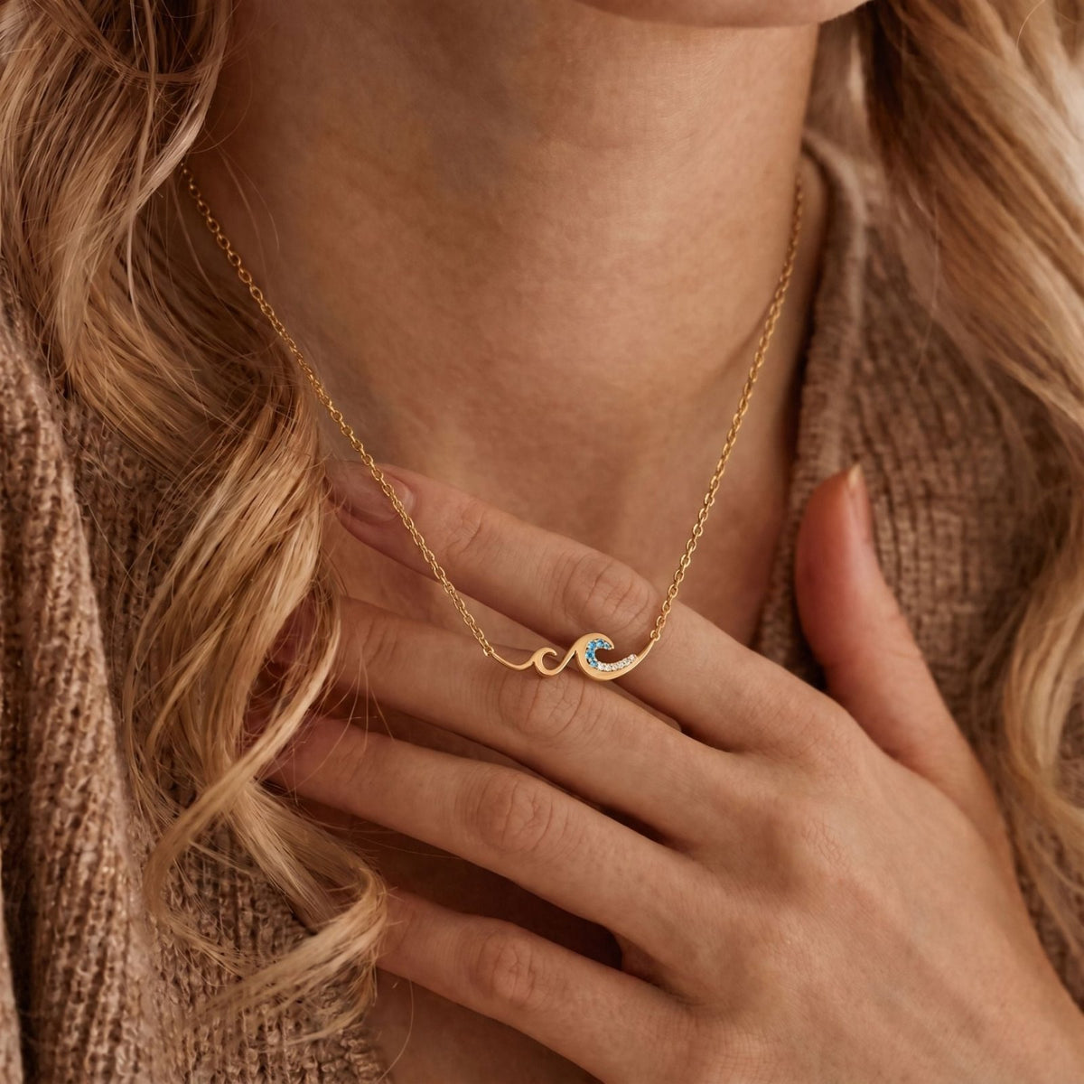 Collier vague pour femme, en argent 925, avec pierres bleues et transparentes, style élégant