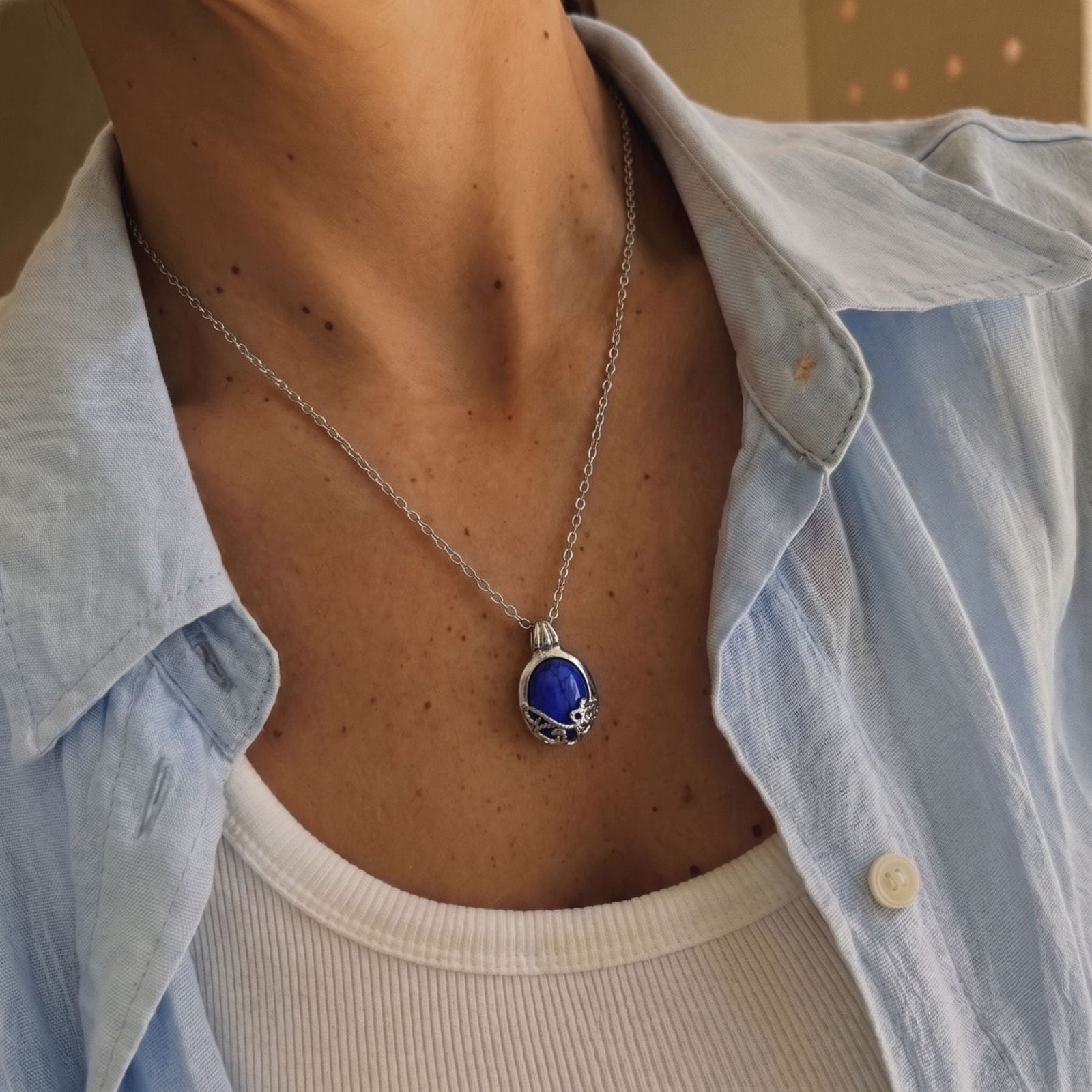 Collier Vampire Diaries Katherine pour femme, en alliage métallique, avec pierre naturelle bleue