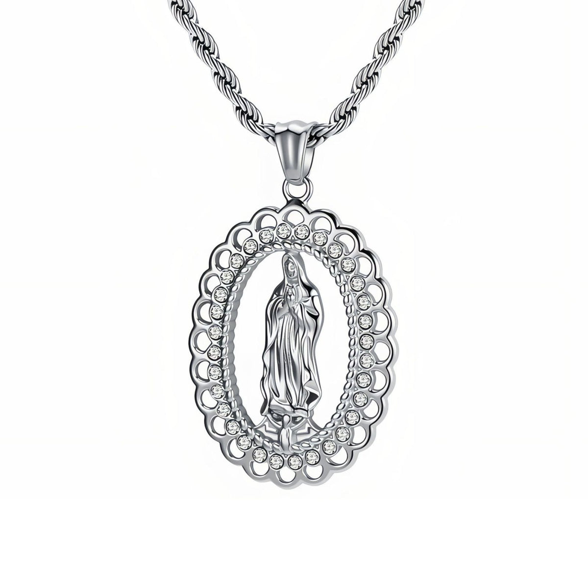 Collier Vierge Marie pour homme, en acier inoxydable, pendentif religieux ovale orné de pierres brillantes
