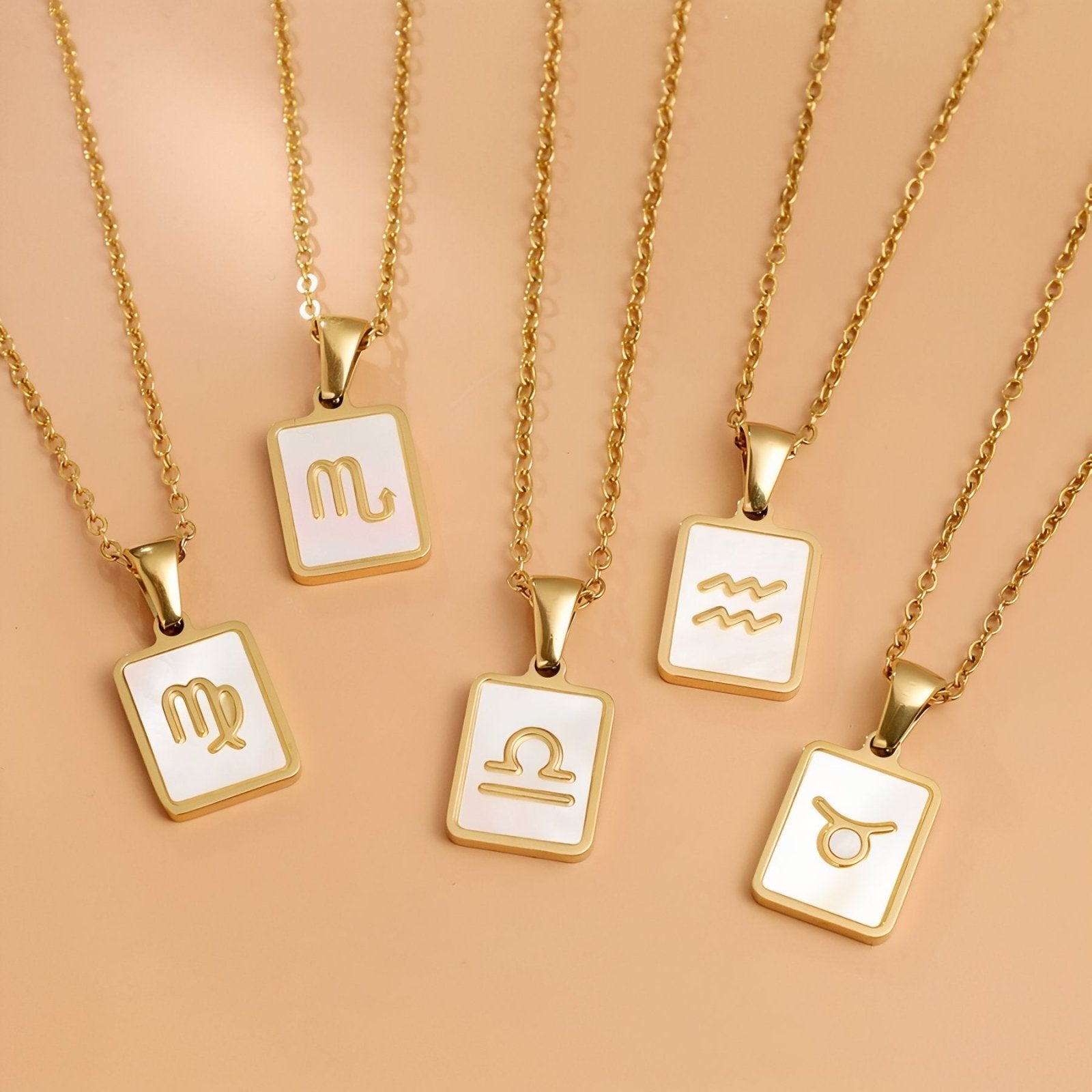 Collier zodiaque femme, pendentif signe astrologique rectangle nacré, en acier inoxydable plaqué or