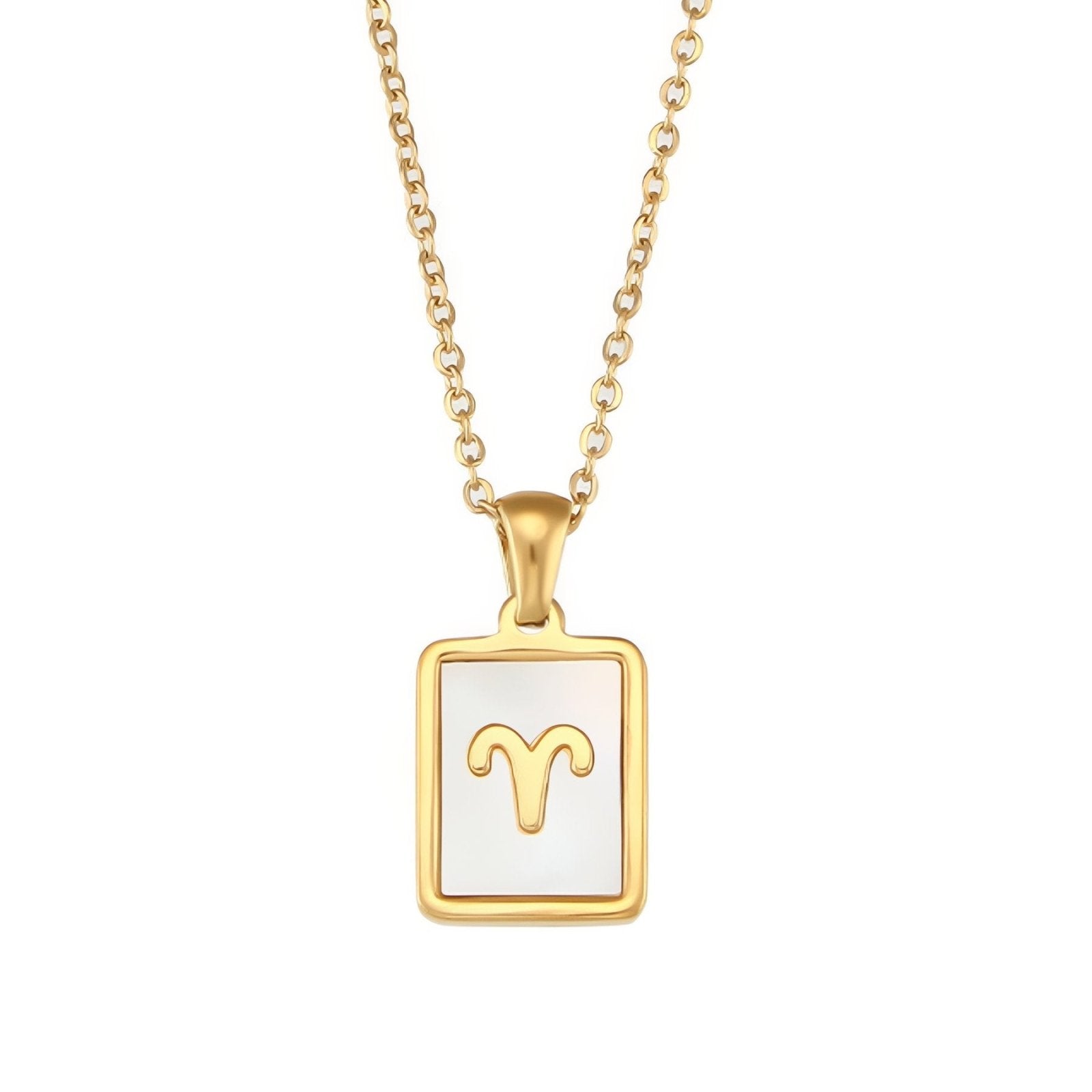 Collier zodiaque femme, pendentif signe astrologique rectangle nacré, en acier inoxydable plaqué or