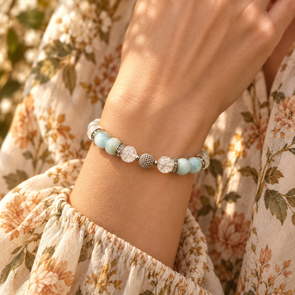 Larimelle-armband van larimar en bergkristal, symbool van sereniteit