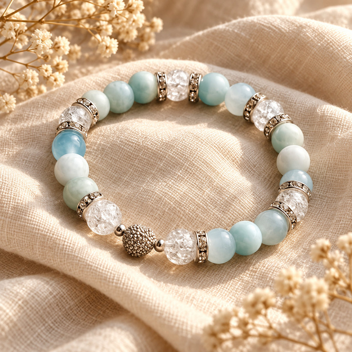 Larimelle-armband van larimar en bergkristal, symbool van sereniteit