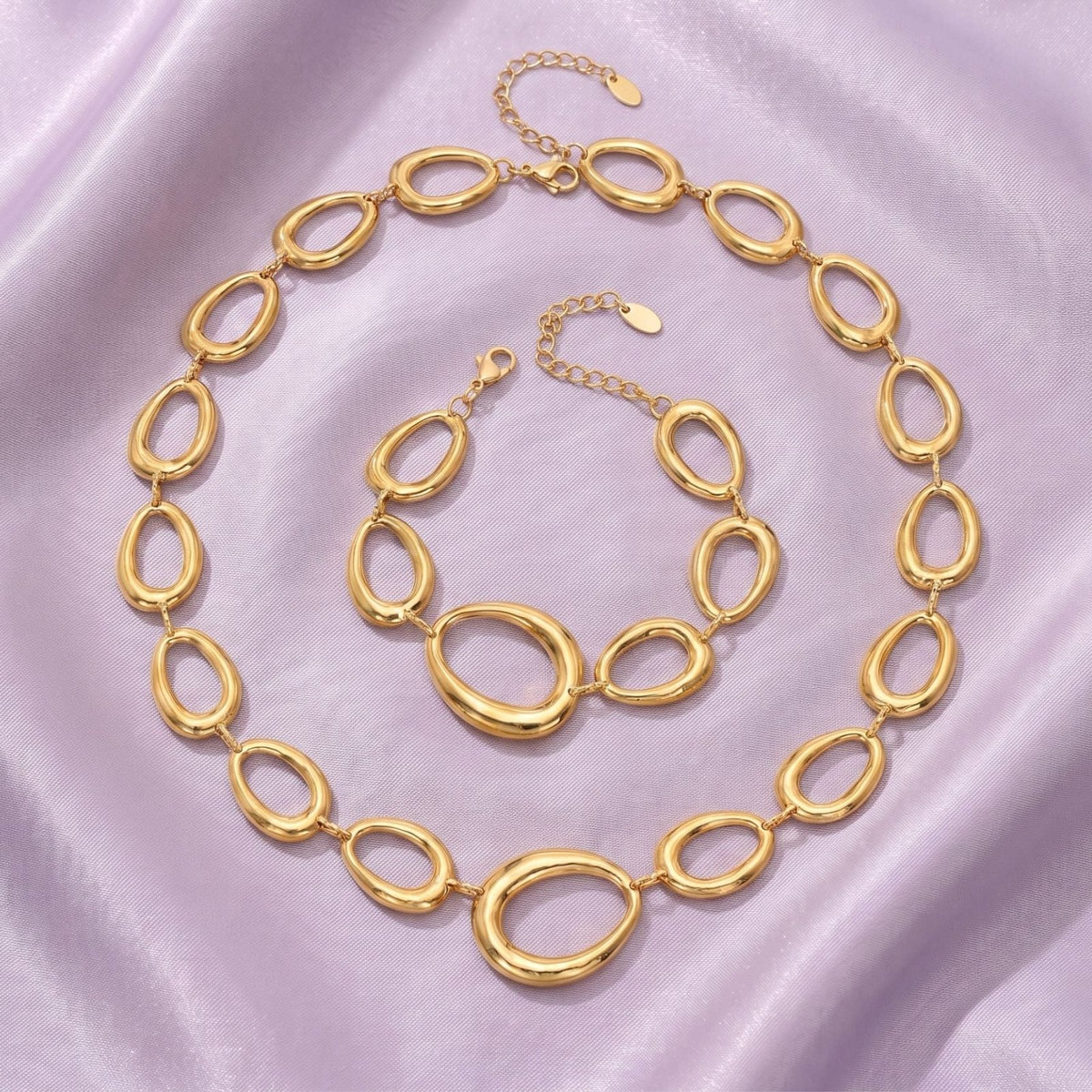 Parure collier et bracelet à maillons ovales pour femme en acier inoxydable, design élégant et moderne