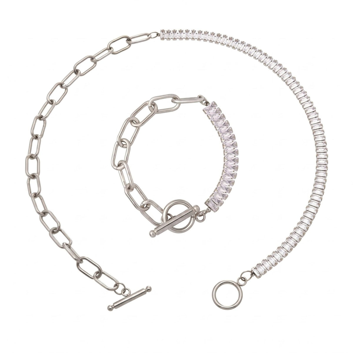 Parure collier et bracelet asymétrique pour femme, en acier inoxydable, demi-chaîne tennis sertie de zircons et maillons rectangulaires