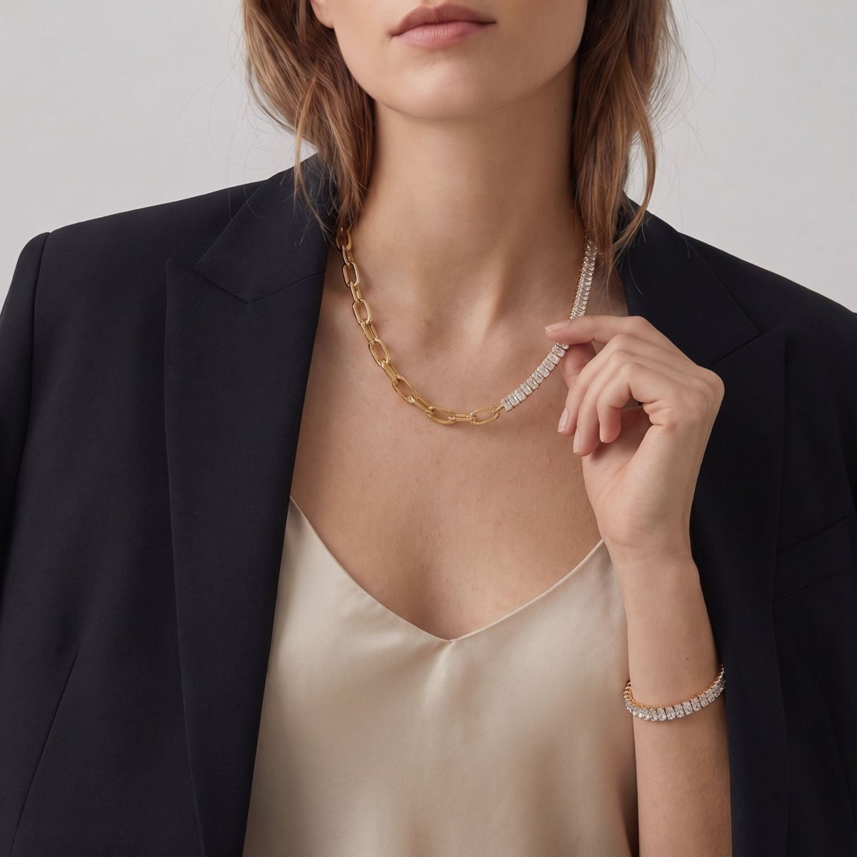 Parure collier et bracelet asymétrique pour femme, en acier inoxydable, demi-chaîne tennis sertie de zircons et maillons rectangulaires