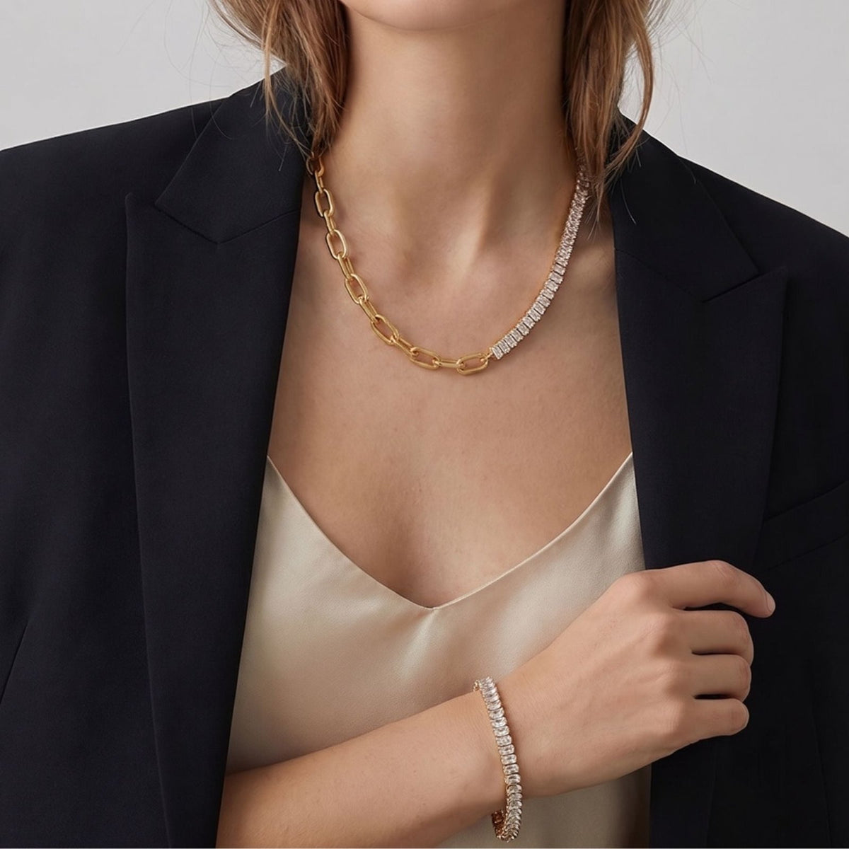 Parure collier et bracelet asymétrique pour femme, en acier inoxydable, demi-chaîne tennis sertie de zircons et maillons rectangulaires