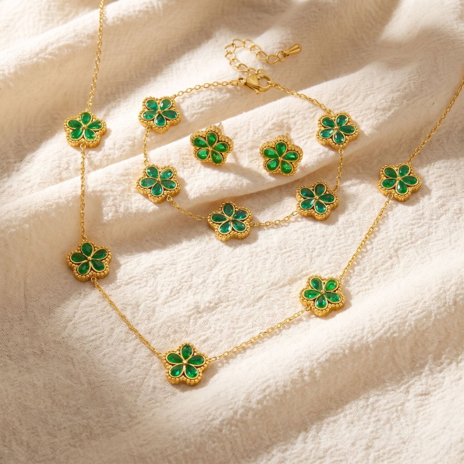 Parure de bijoux fleurs pour femme, collier, bracelet et boucles d'oreilles en acier inoxydable doré, ornements verts ou multicolores
