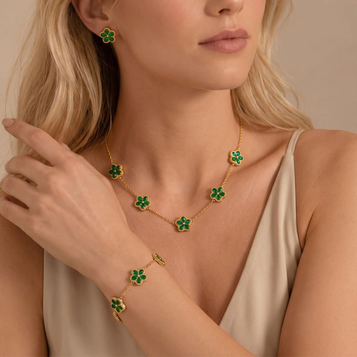 Parure de bijoux fleurs pour femme, collier, bracelet et boucles d'oreilles en acier inoxydable doré, ornements verts ou multicolores