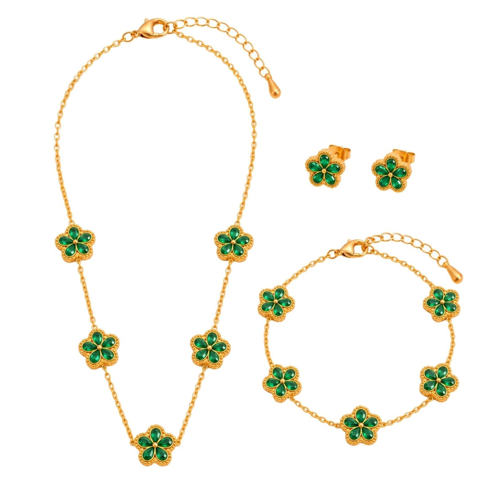 Parure de bijoux fleurs pour femme, collier, bracelet et boucles d'oreilles en acier inoxydable doré, ornements verts ou multicolores