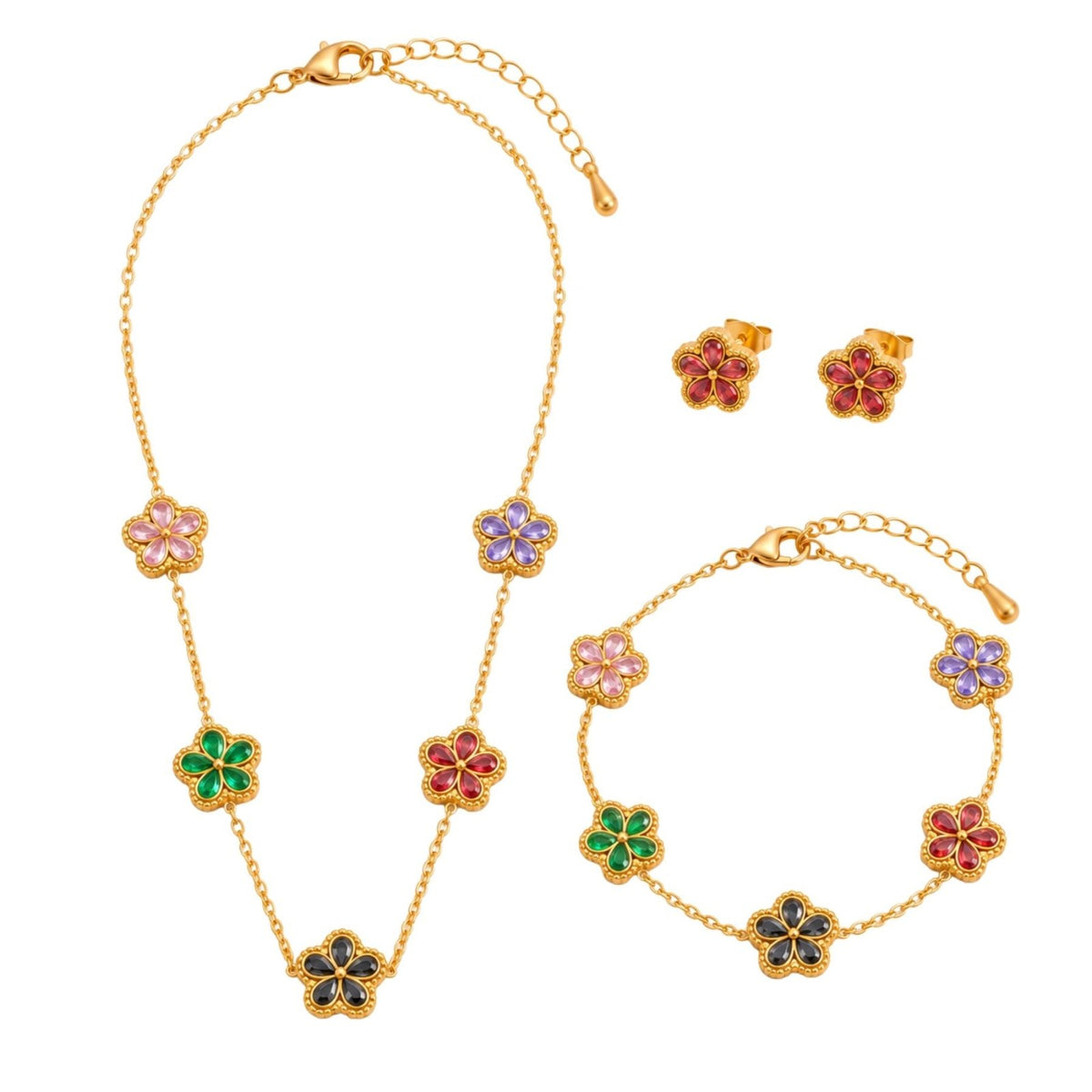 Parure de bijoux fleurs pour femme, collier, bracelet et boucles d'oreilles en acier inoxydable doré, ornements verts ou multicolores