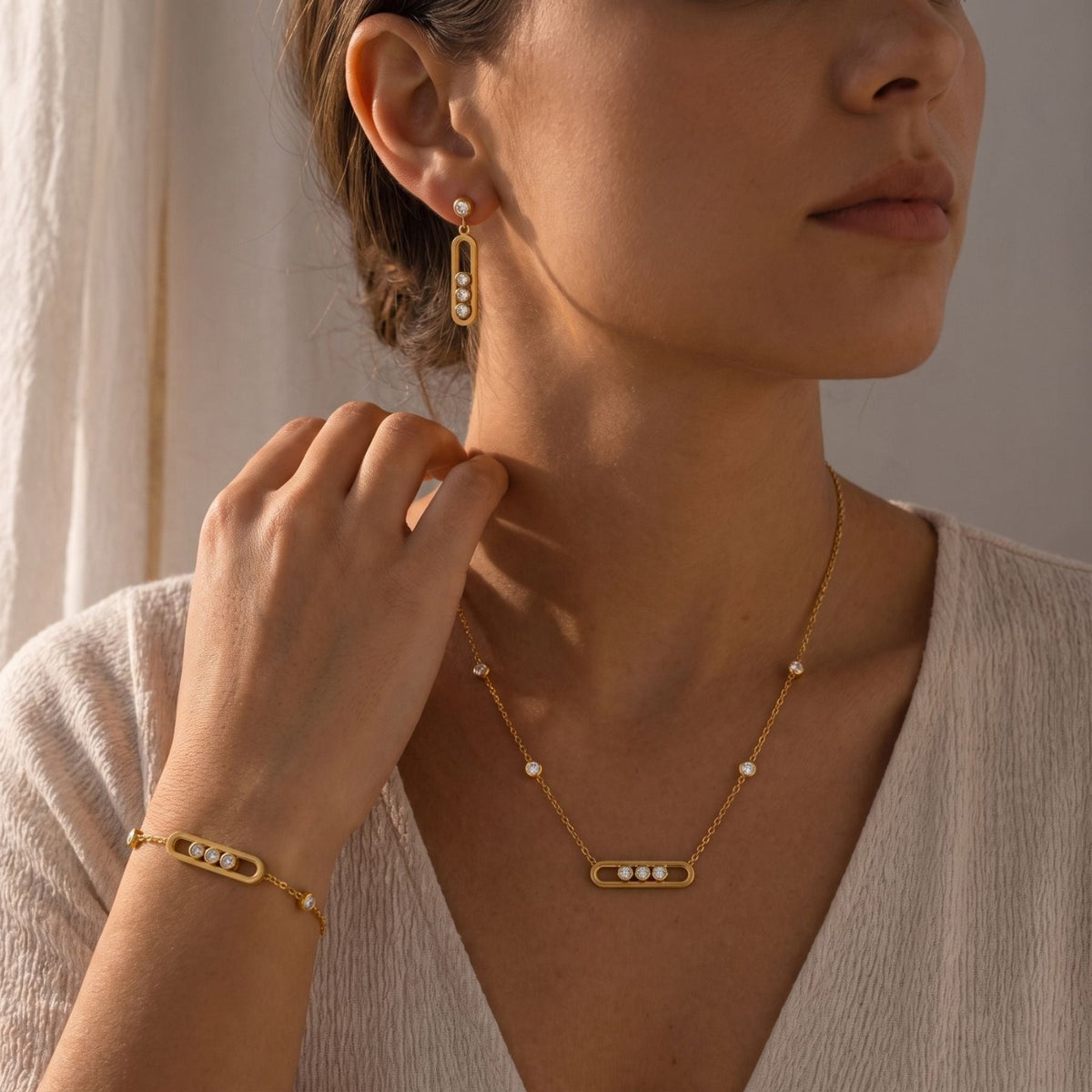 Parure de bijoux pour femme, bracelet, collier et boucles d'oreilles en acier inoxydable doré, avec motif rectangulaire serti