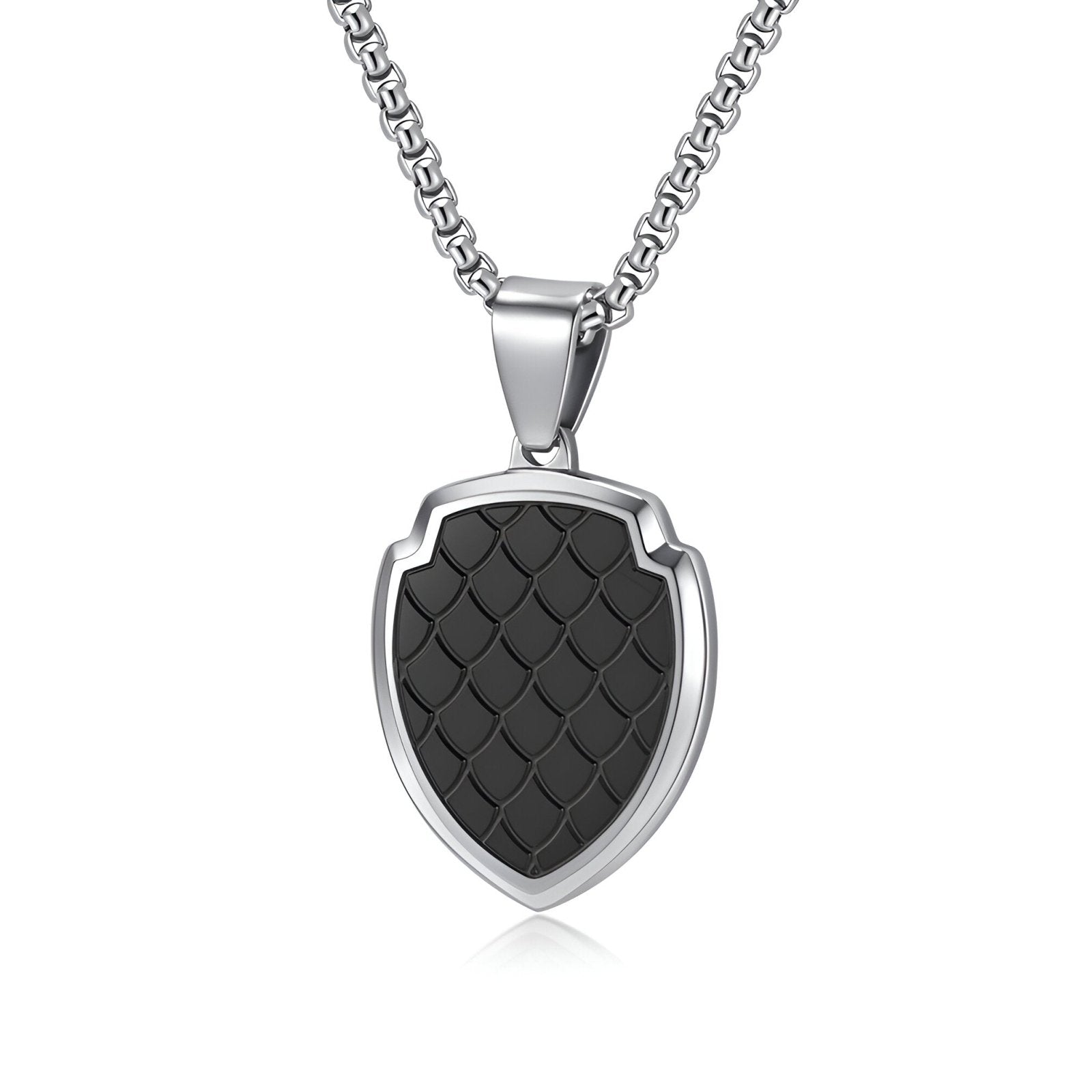 Pendentif bouclier style médiéval, en acier inoxydable noir ou doré, maille vénitienne homme, modèle Ravyn