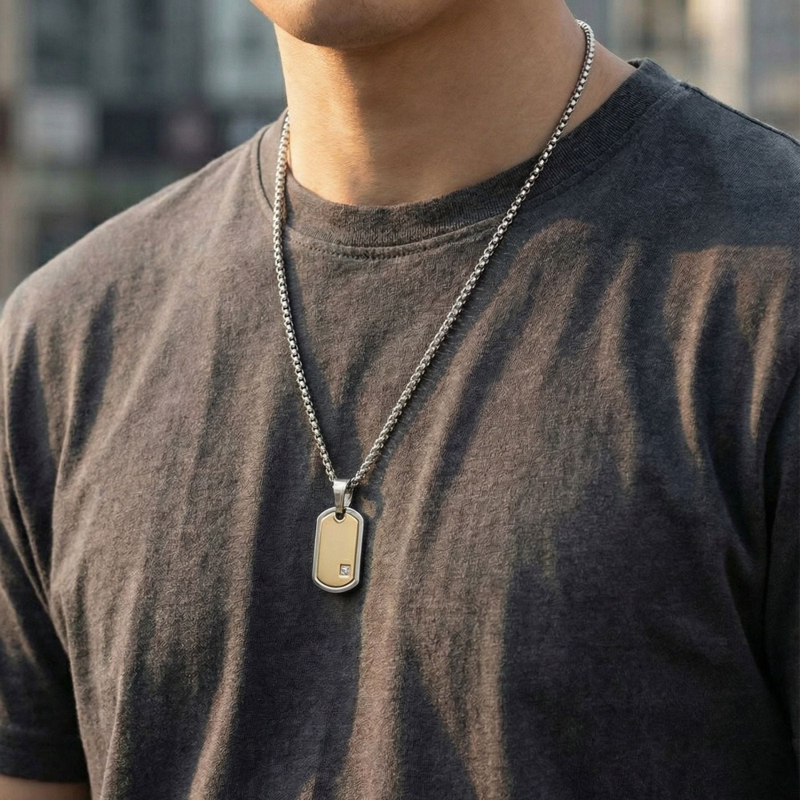 Plaque militaire en acier poli, design minimaliste, avec zirconium cubique