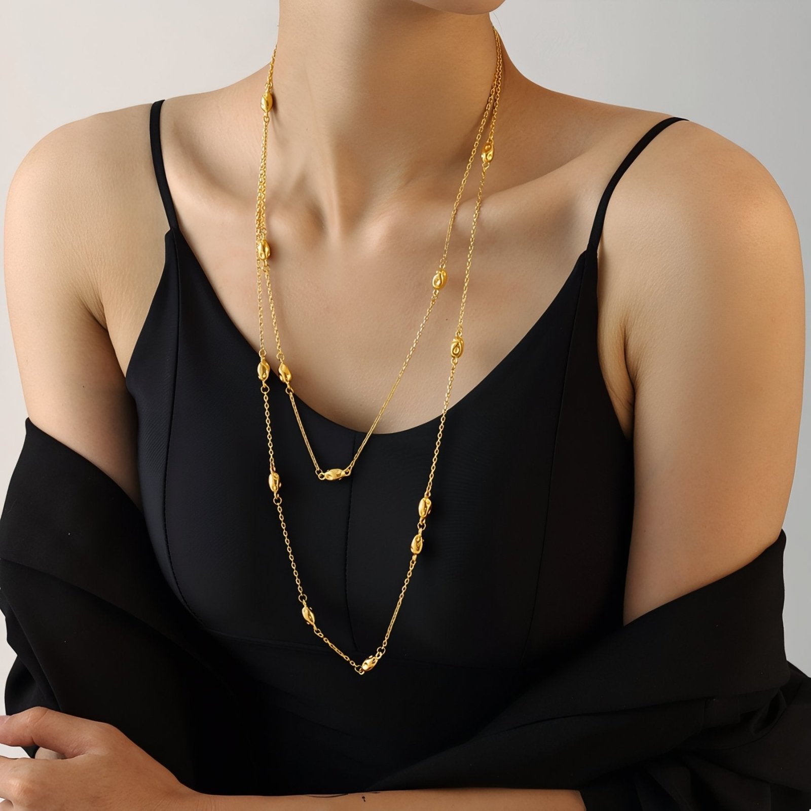 Sautoir double rangs pour femme, maille fine et perles ovales, en acier inoxydable