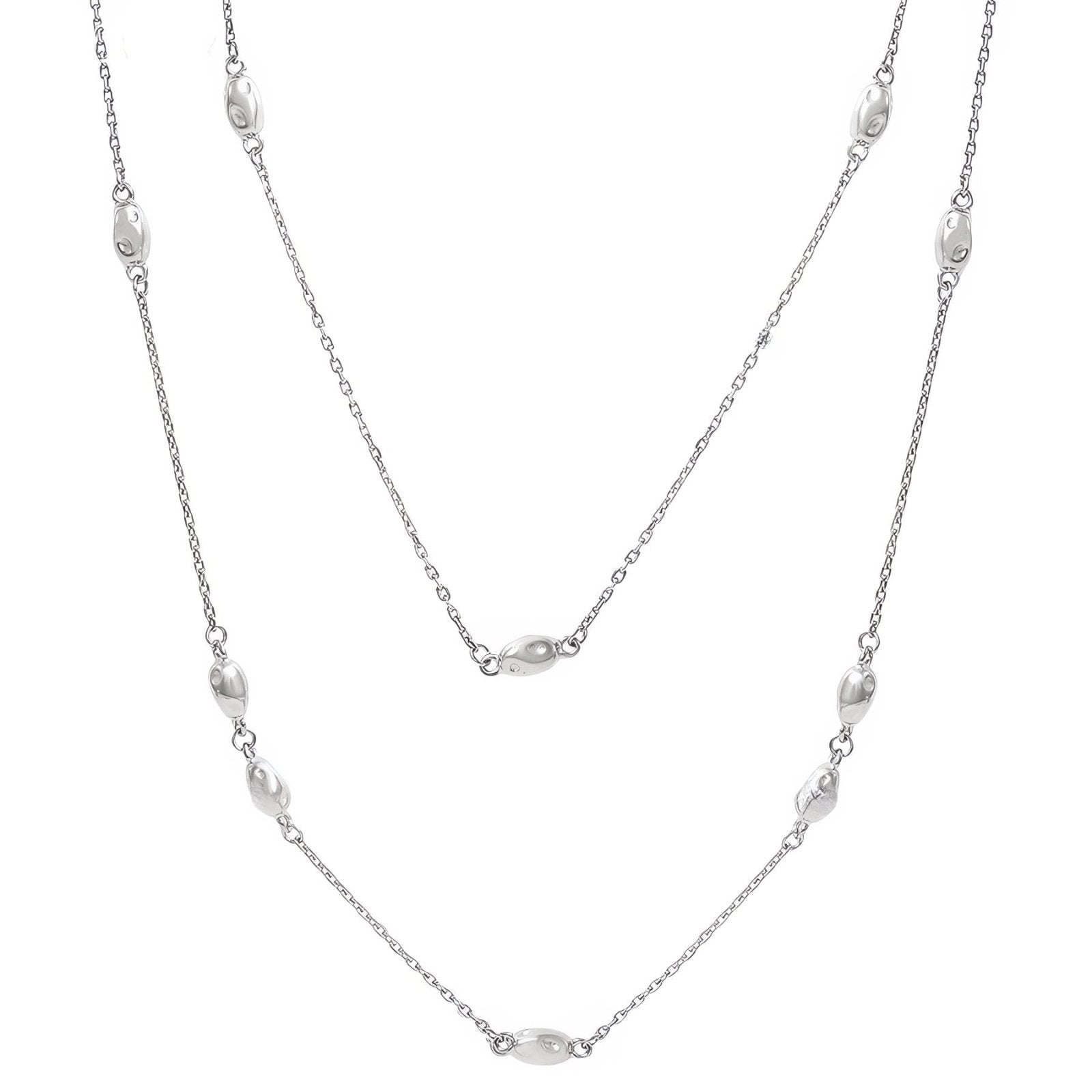 Sautoir double rangs pour femme, maille fine et perles ovales, en acier inoxydable