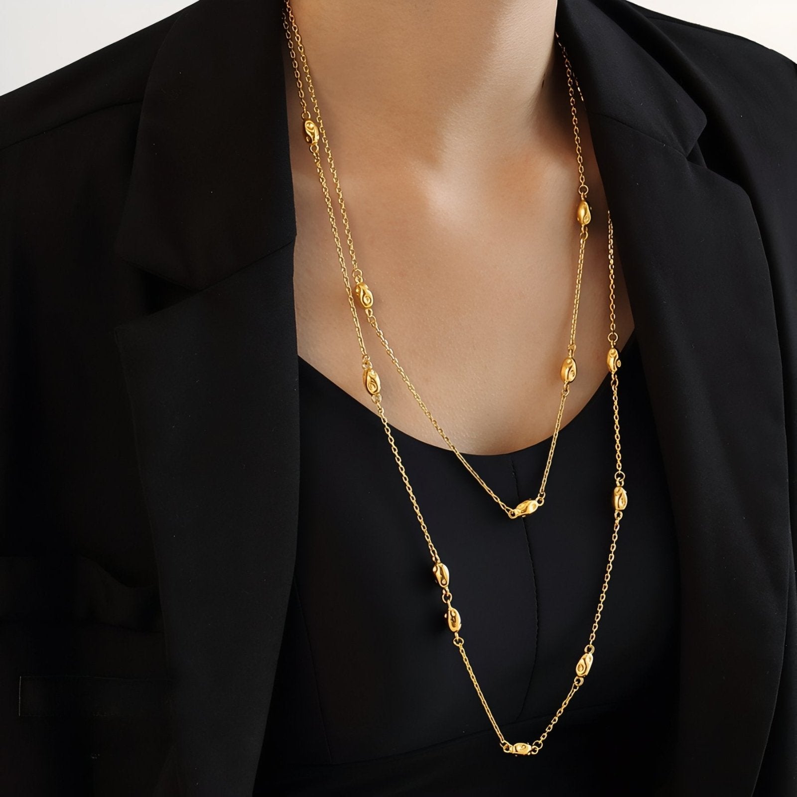 Sautoir double rangs pour femme, maille fine et perles ovales, en acier inoxydable