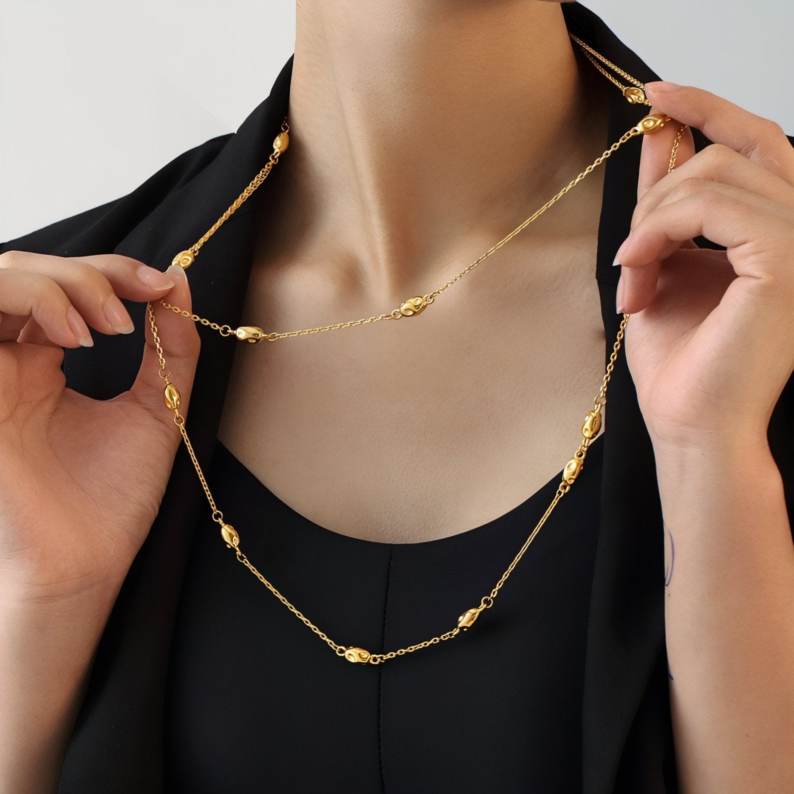 Sautoir double rangs pour femme, maille fine et perles ovales, en acier inoxydable