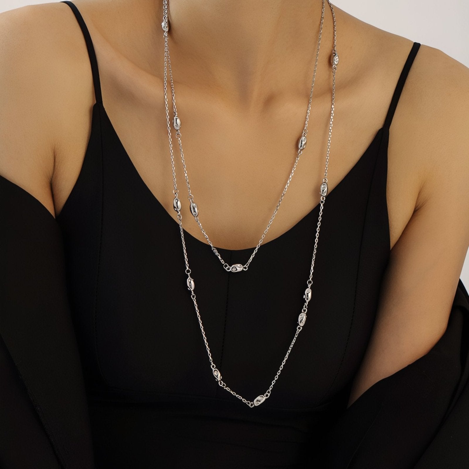 Sautoir double rangs pour femme, maille fine et perles ovales, en acier inoxydable